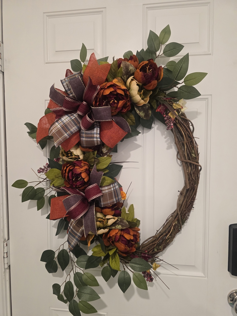 W017 - Autumn Floral Grapevine Fall Wreath with Burgundy & Orange Accents